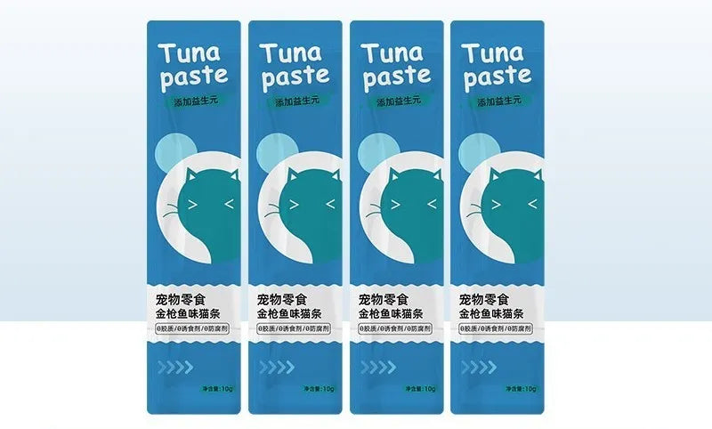 Functional cat strip snacks in four flavours: chicken catgrass, duck tea polyphenol, salmon astaxanthin, tuna prebiotics