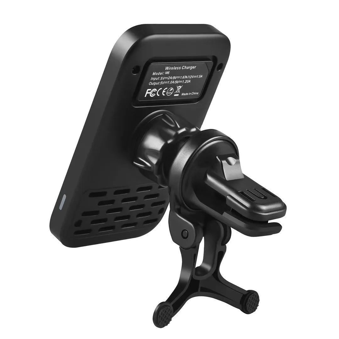 Black M6 magnetic wireless charging car phone bracket mounted on dashboard