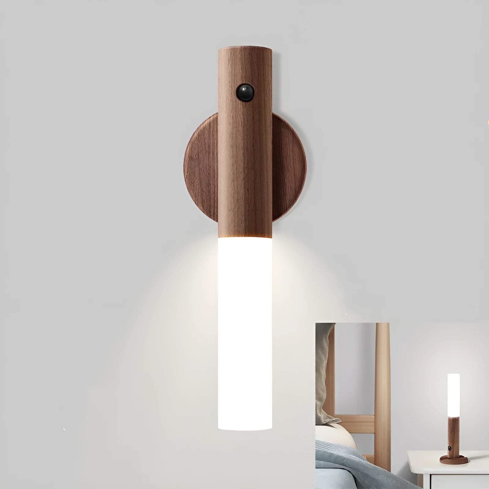 Compact wooden and acrylic motion sensor LED desk lamp on a desk