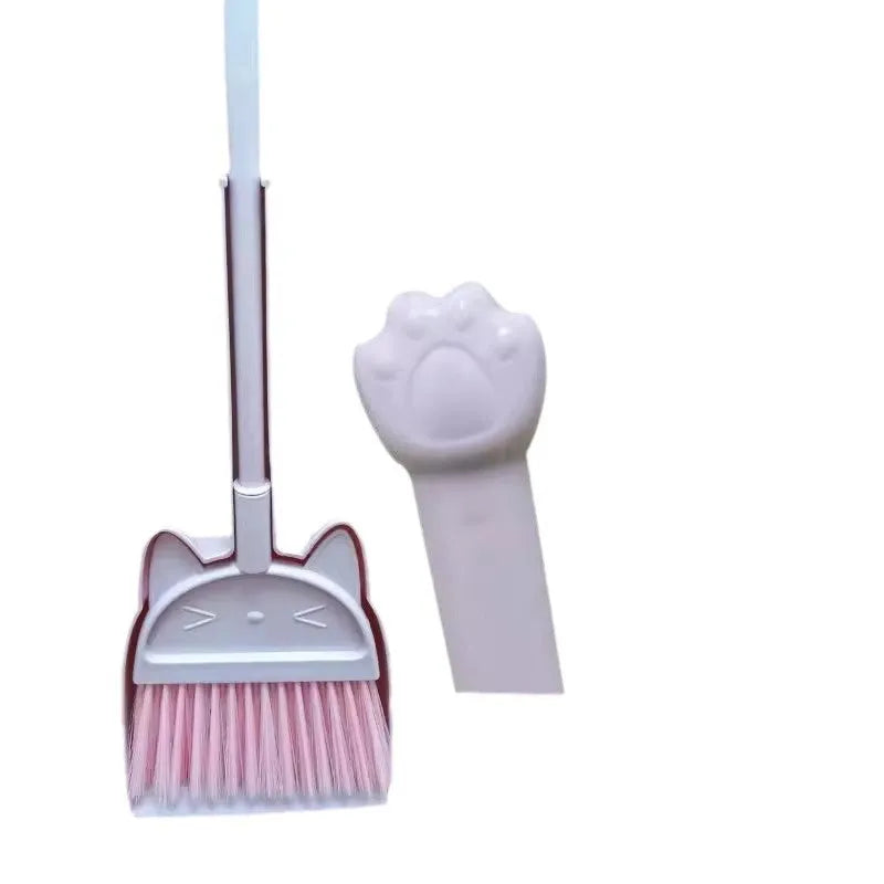 Broom and dustpan cleaning set with rotating brush holder in purple, green, or beige
