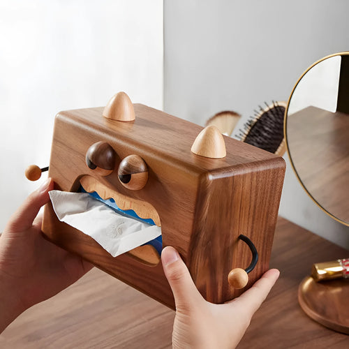 Little Monster cartoon wooden tissue box in walnut beech finish showing dimensions