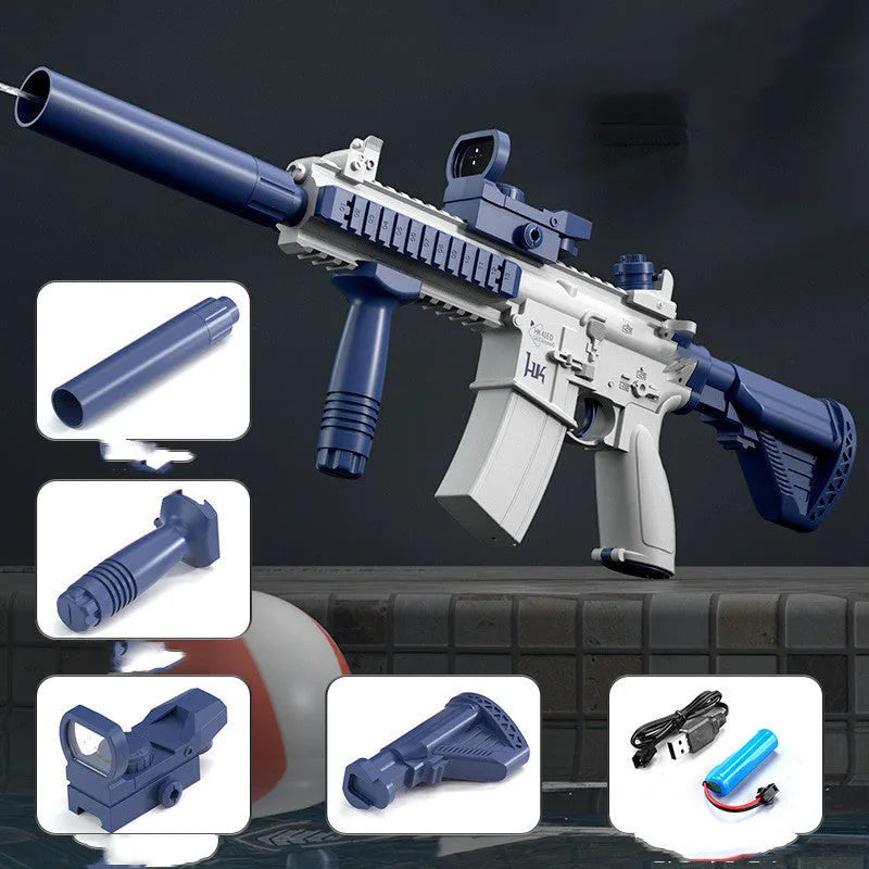 Blue electric water gun with USB charging cable and 55cm length for outdoor water fights