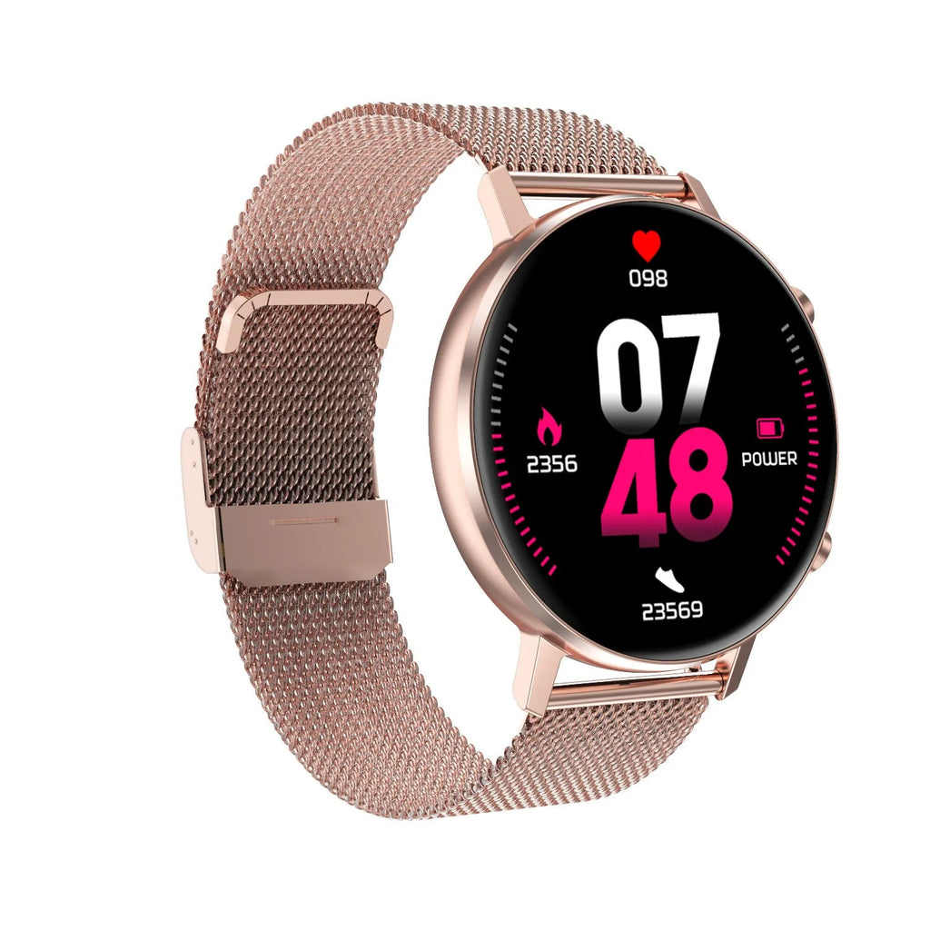 DT96 smart bracelet with steel strap showing 1.3 inch screen on wrist