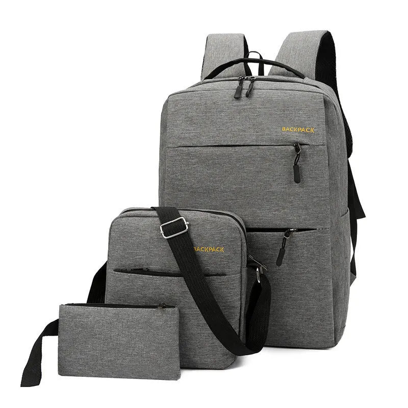 Men's three-piece computer bag set in black with USB charging port and multiple compartments