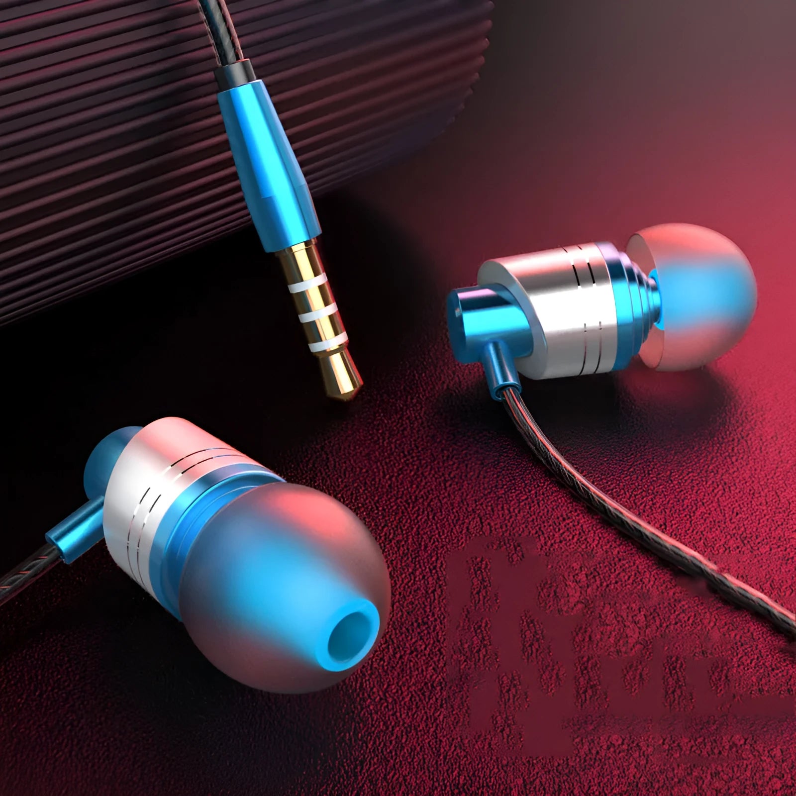 Black in-ear wired headphones with 3.5mm plug and microphone on cable.