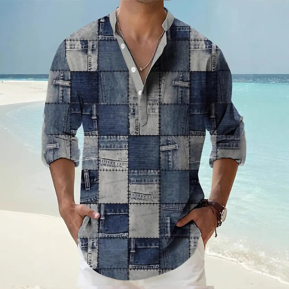 Thin striped long sleeve Hawaiian cardigan shirt on a hanger, showing one of its colour variants.