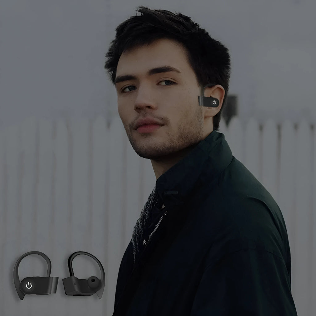 Black wireless Bluetooth 5.0 stereo earphone with ergonomic design for hands-free calling.