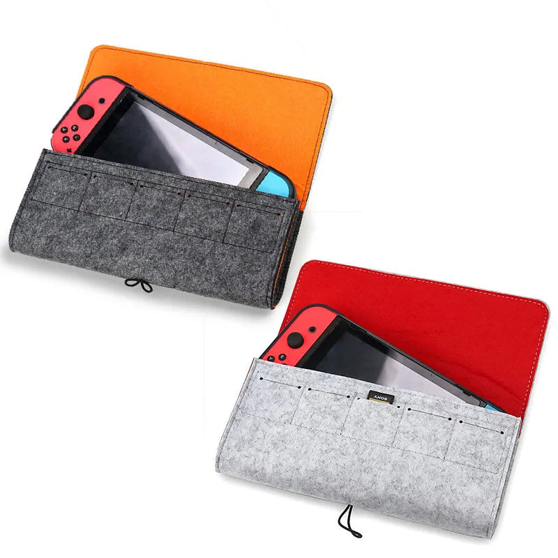 Black felt pouch for Nintendo Switch open to show console compartment and five game card slots