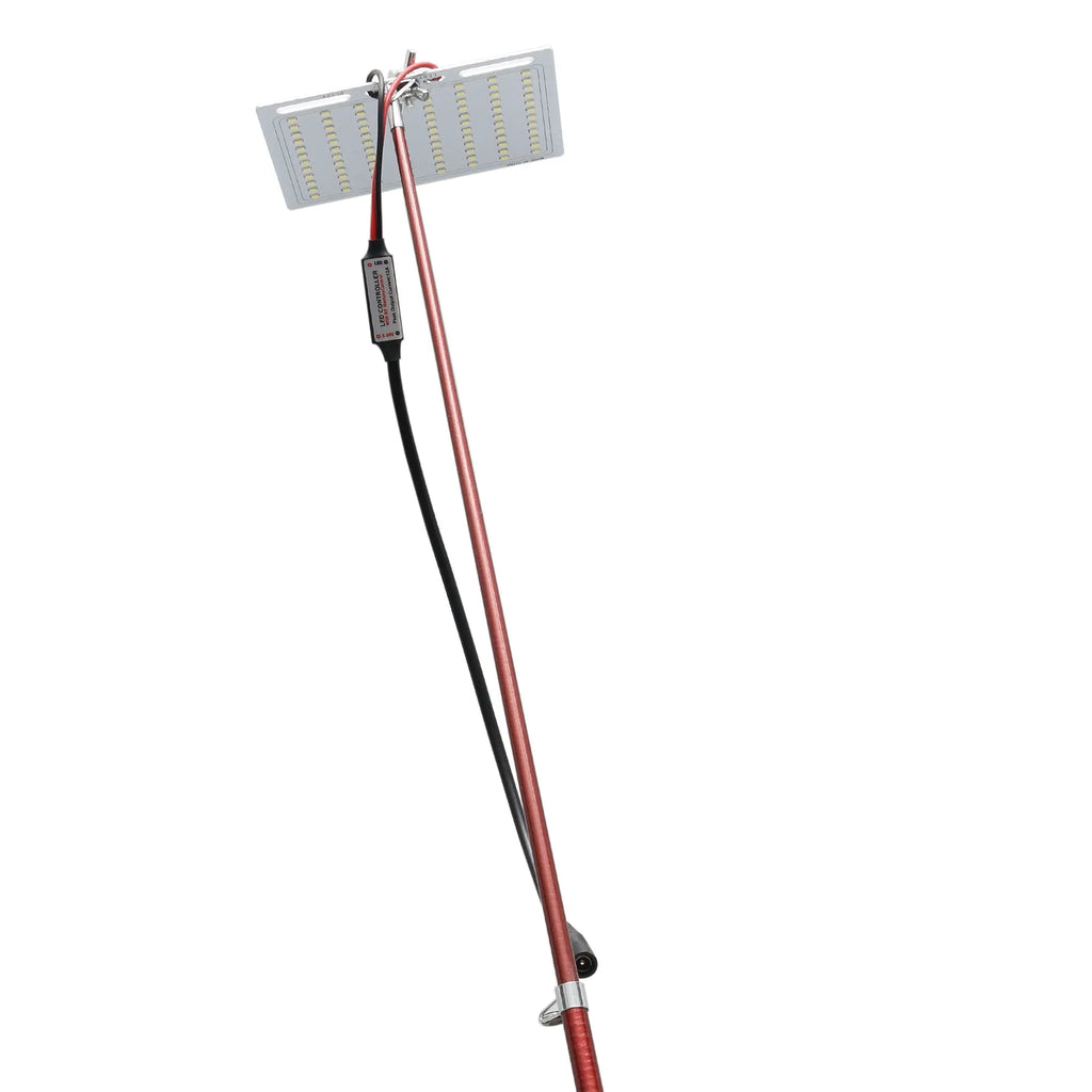 White LED fishing rod light with telescopic pole extended, showing remote control.