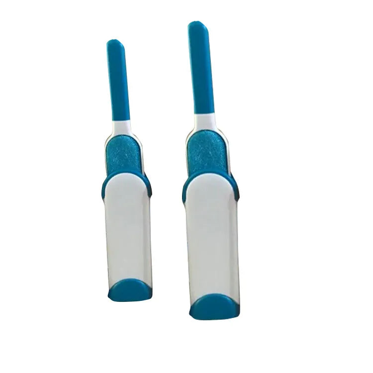 Blue reusable pet hair removal brush with self-cleaning base for sofas and upholstery.