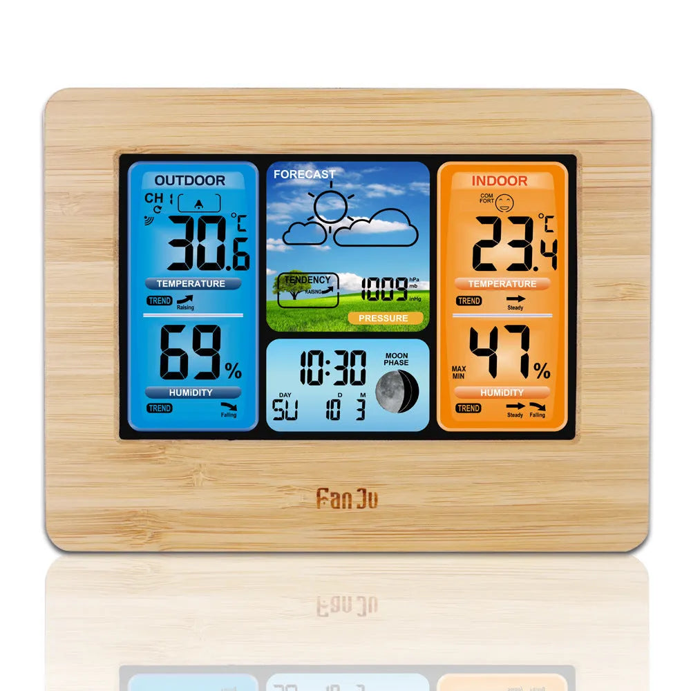 Rectangular plastic weather station with LCD display showing temperature and weather information