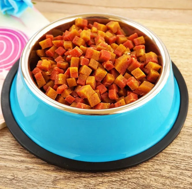 Stainless steel and colourful melamine pet bowl with a non-slip rubber base.