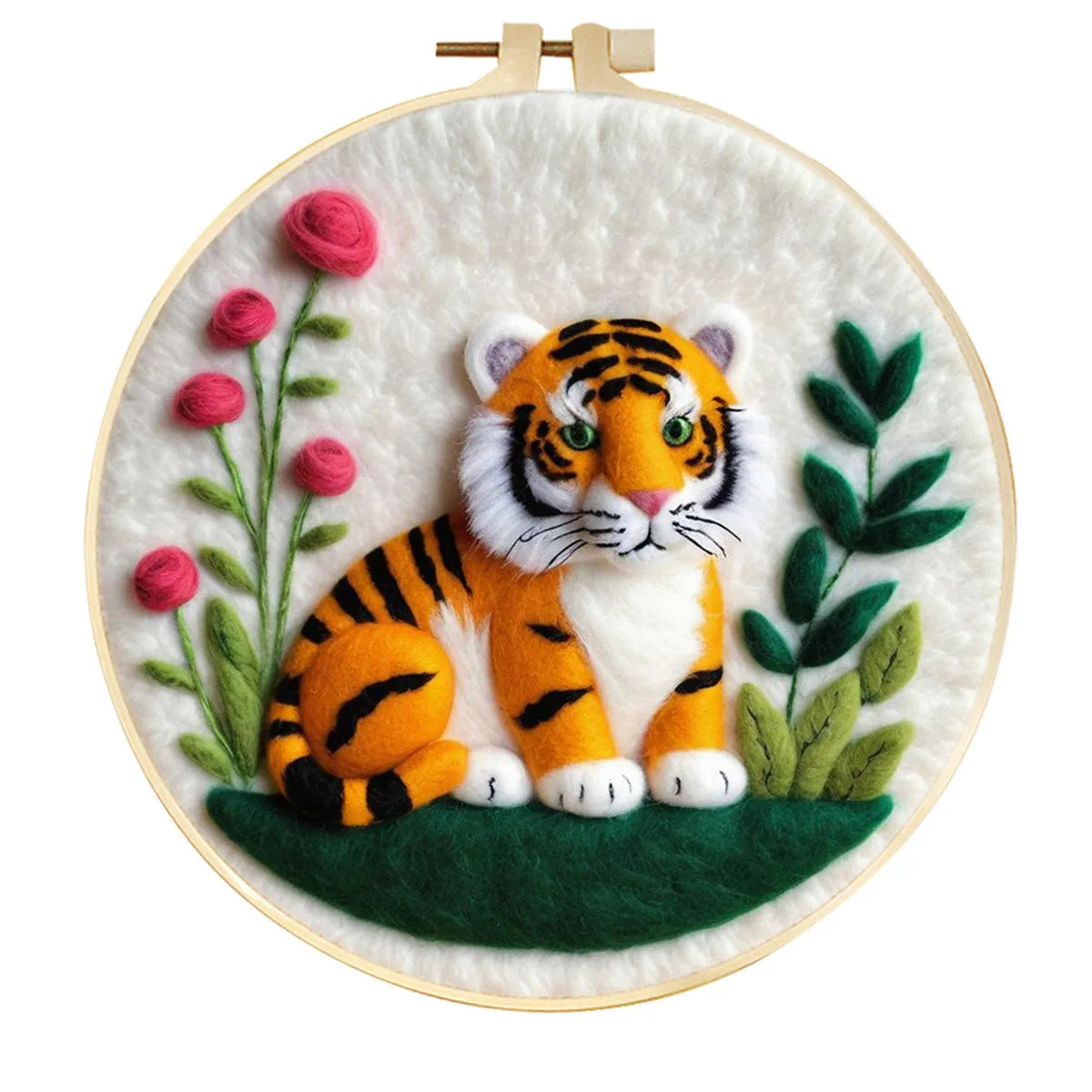 Round linen embroidery kit with wool felt materials for three-dimensional floral design