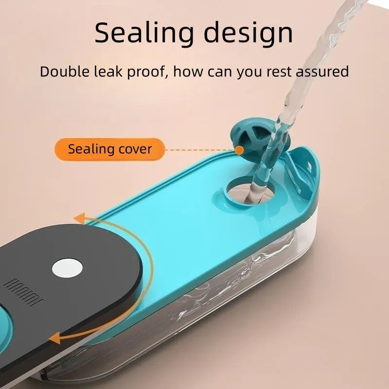 Blue portable pet water bottle with foldable silicone drinking bowl extended, showing carrying strap.