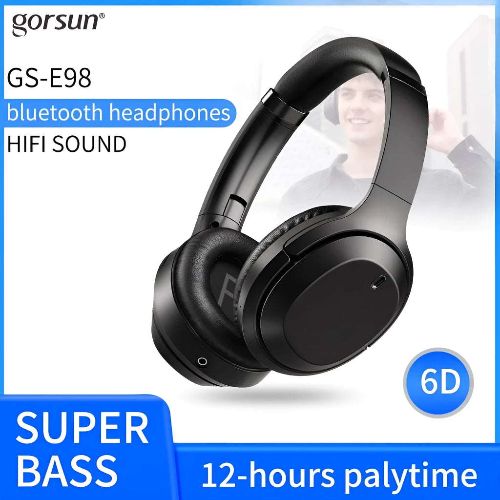 Black Gorsun E98 wireless Bluetooth over-ear headphones with adjustable headband