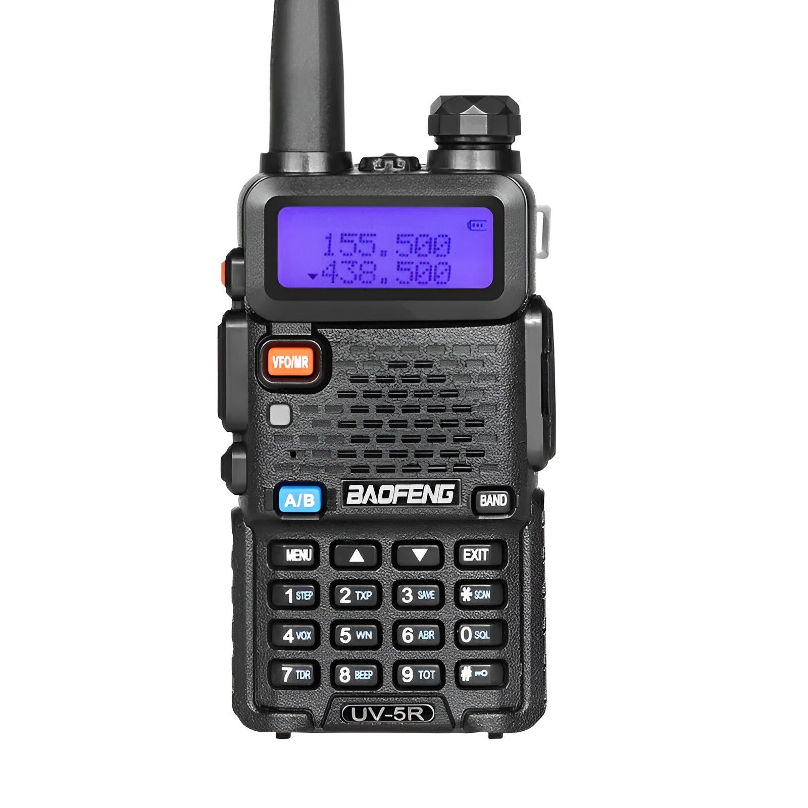 Professional black walkie talkie with LCD display showing dual-band VHF/UHF frequency operation
