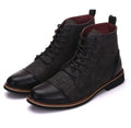 Men's leather motorcycle-style boots with metal belt buckles on a rubber sole, shown in black.
