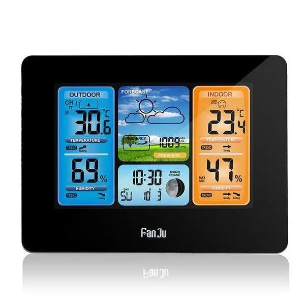 Rectangular plastic weather station with LCD display showing temperature and weather information