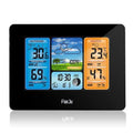 Rectangular plastic weather station with LCD display showing temperature and weather information