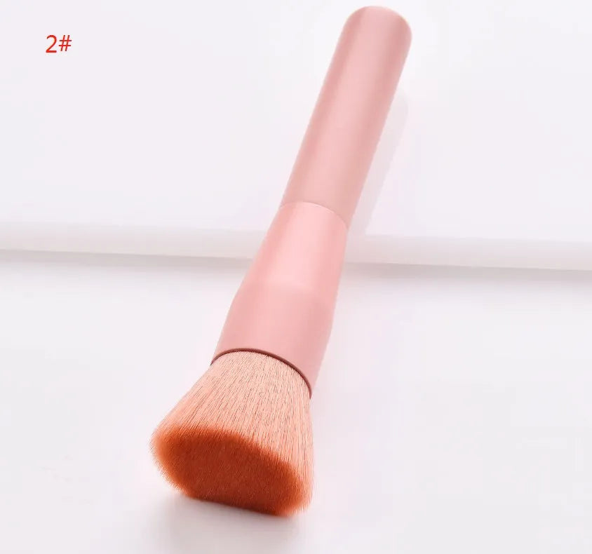 10-piece wooden handle makeup brush set with nylon bristles in a storage case.