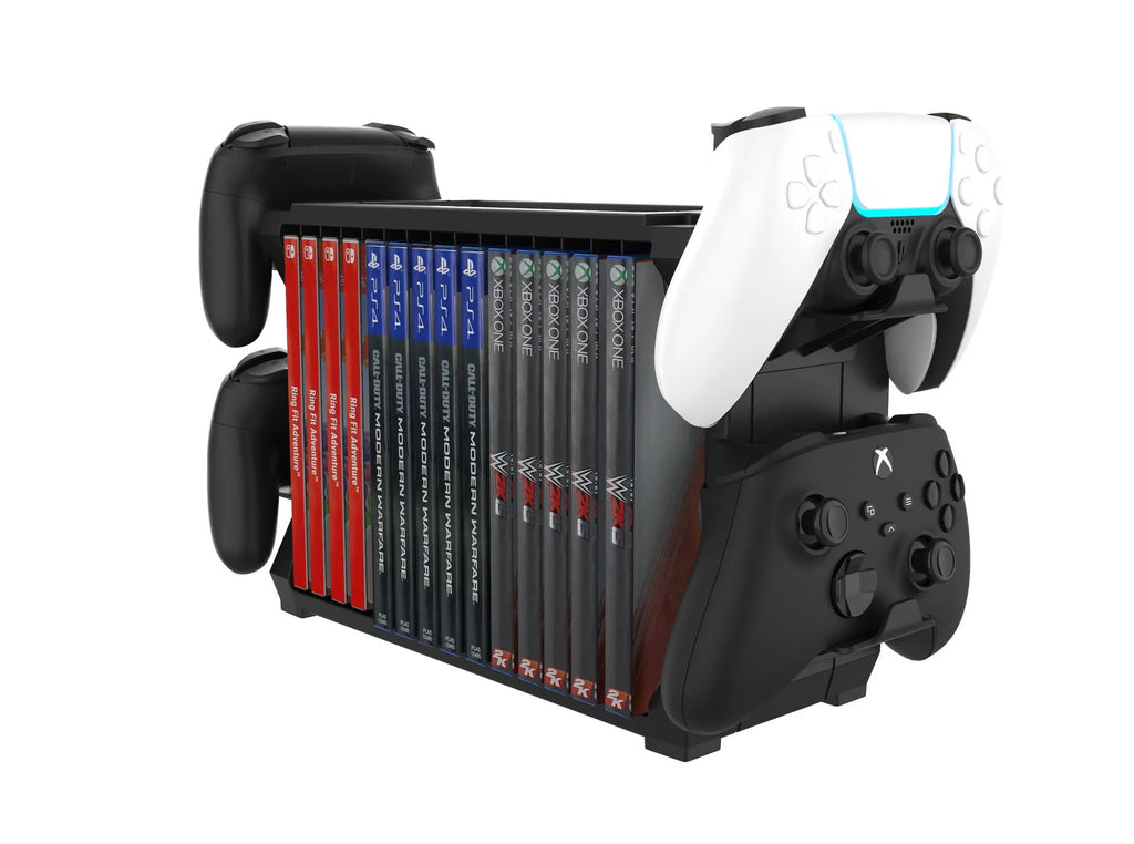 Black PS5 and Xbox Series X disc holder with game cartridge compartments and four controller storage slots