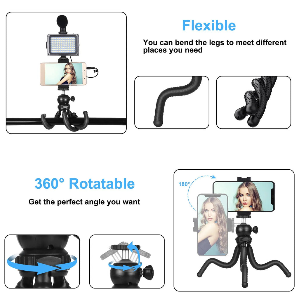Black octopus tripod kit with flexible legs, integrated fill light, and microphone for iPhone live streaming.