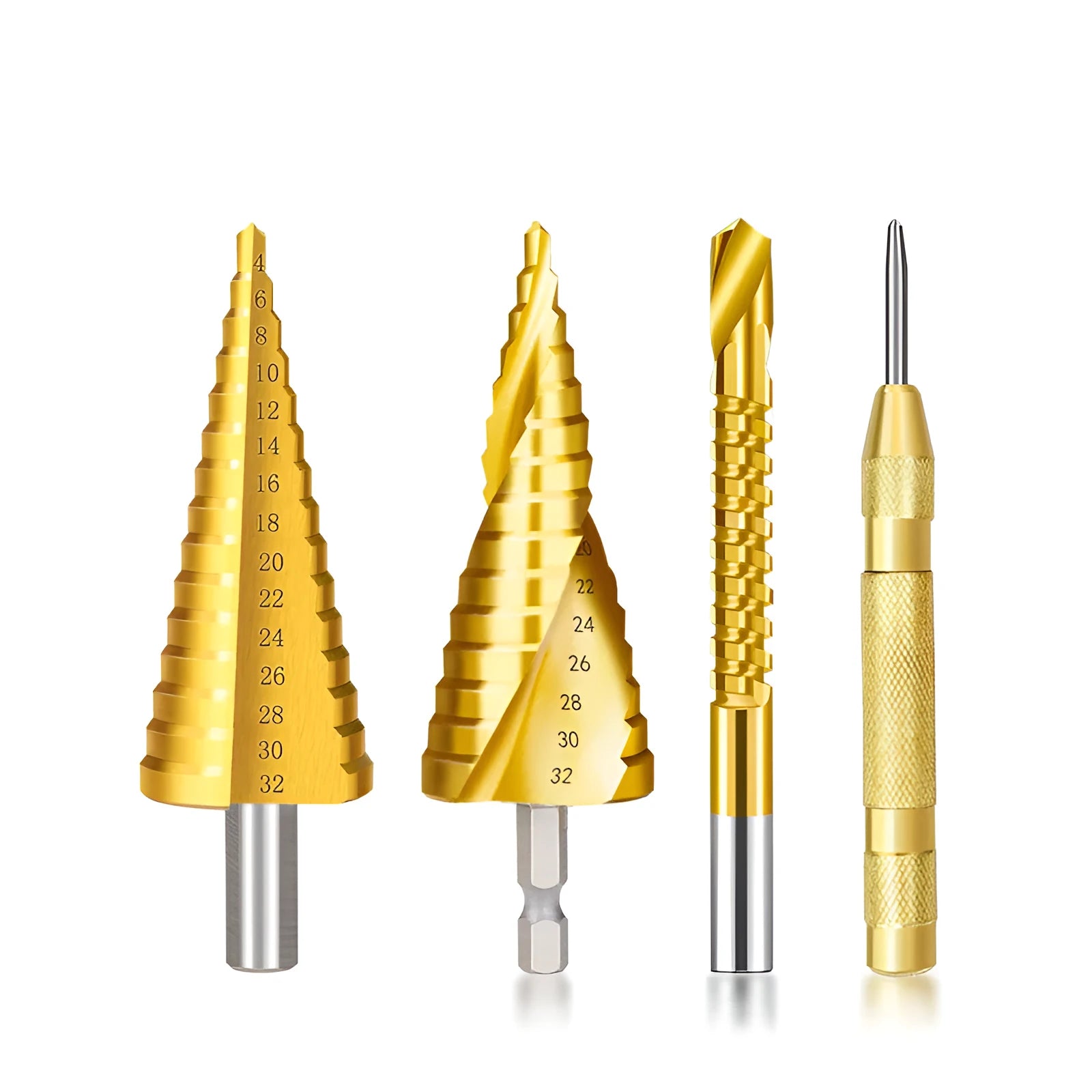 Step drill bit set with centre punch showing cone-shaped bits and colour-coded handles