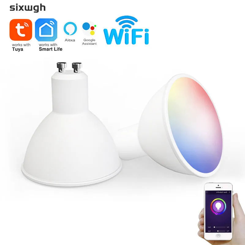 Smart GU10 LED spotlight bulb with RGBCCT lighting and Wi-Fi connectivity for voice control