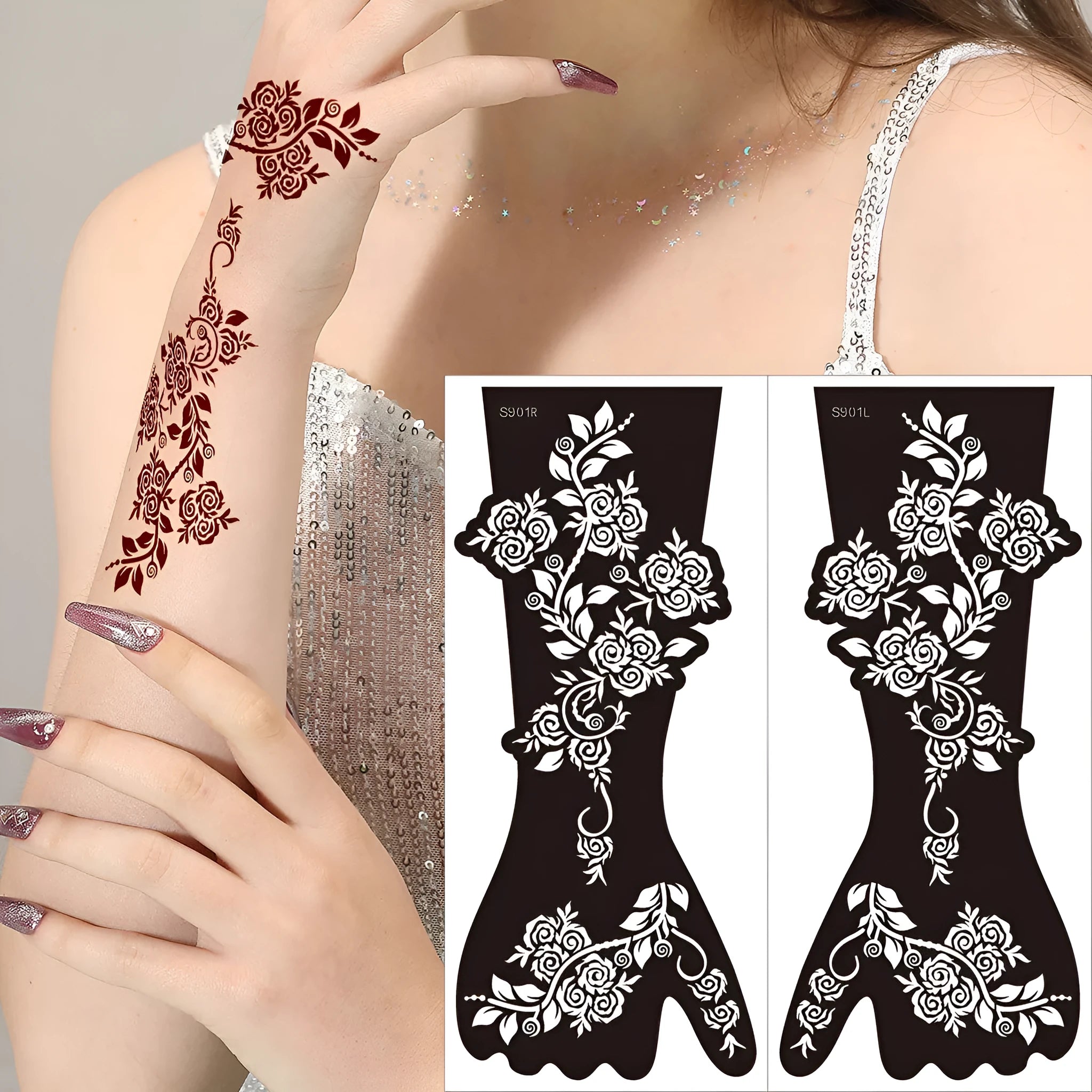 Hollow geometric tattoo sticker sheet with 30 machine-cut 3D paper carving patterns