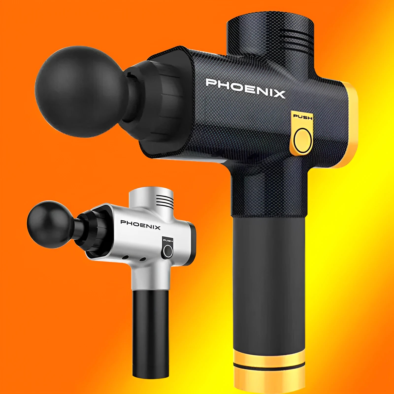 Black fascia massage gun with four different coloured massage heads on a grey background.