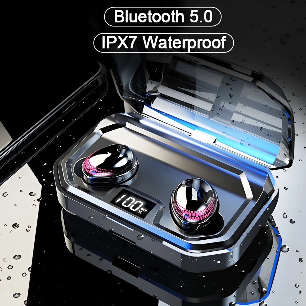 Black wireless Bluetooth headset with charging case on a table.