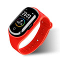 Smart bracelet with integrated Bluetooth earphones in silicone wristband showing 1-inch screen