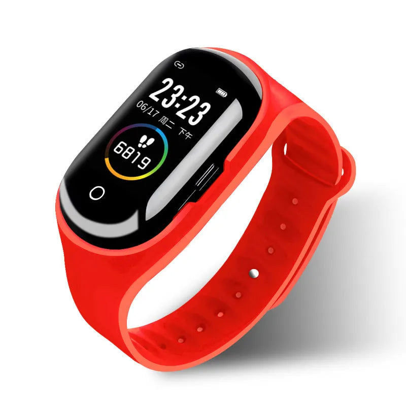 Smart bracelet with integrated Bluetooth earphones in silicone wristband showing 1-inch screen