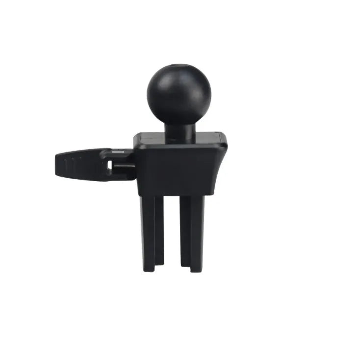 Black plastic mobile phone holder mounted on car air conditioning outlet with phone inserted