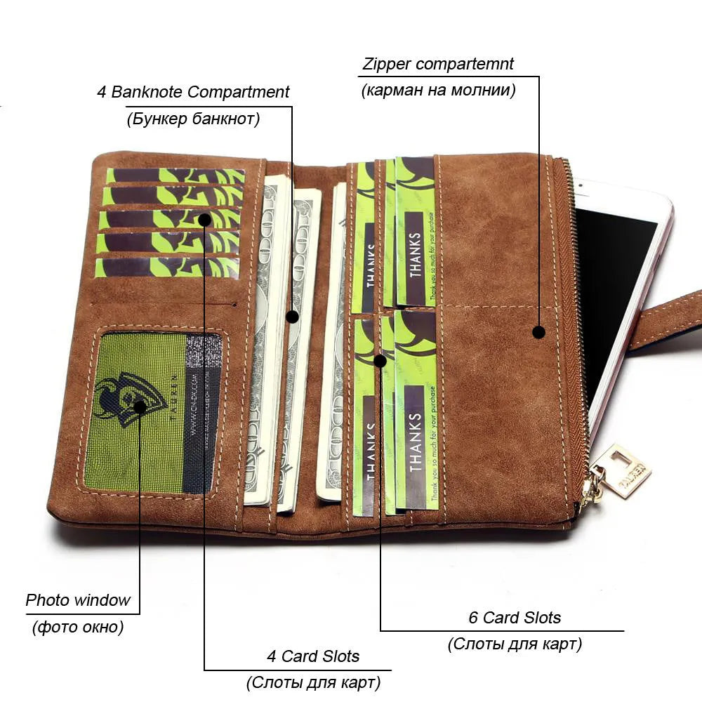 Korean-style retro matte Pu leather long wallet with two-fold draw design and zip closure