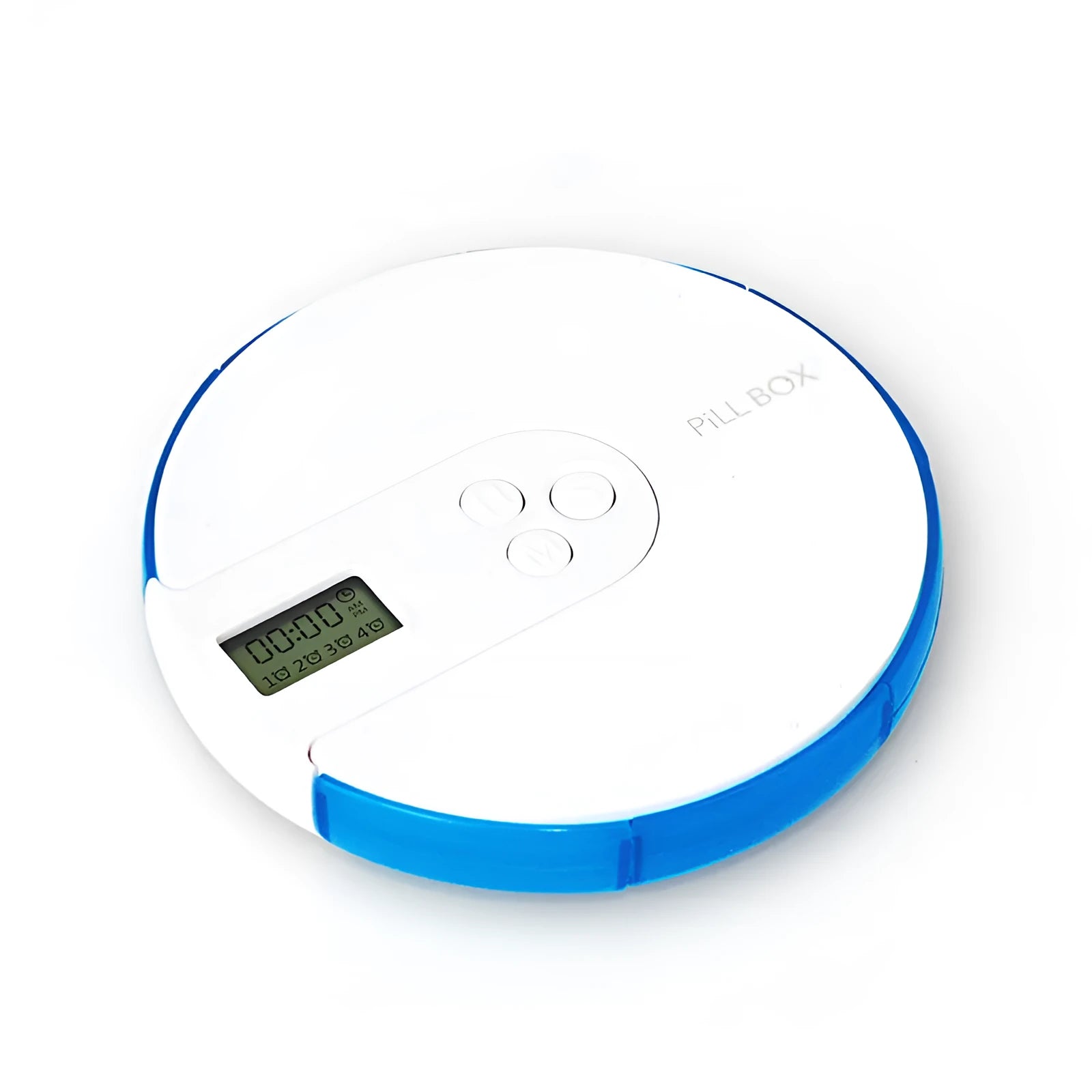 Seven-compartment alarm clock pill dispenser showing front display and storage slots.