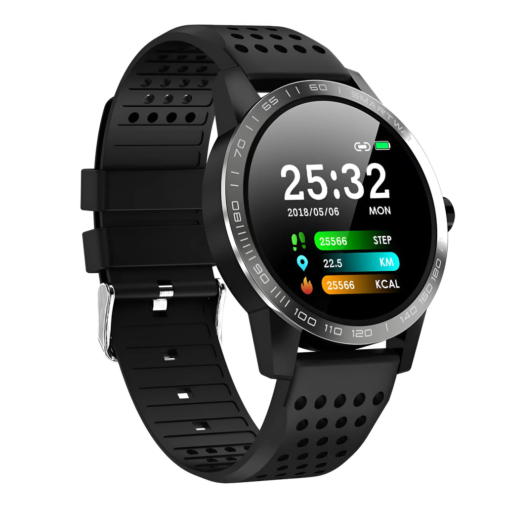 Slim black or blue smart bracelet with a 1.3-inch colour screen showing fitness metrics.