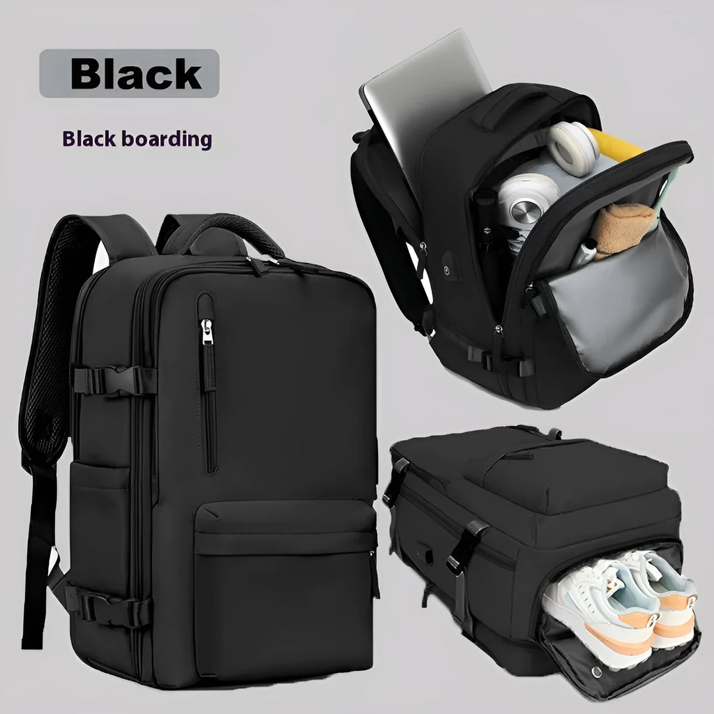 Large grey lightweight Oxford cloth travel backpack with curved shoulder straps shown from the side.