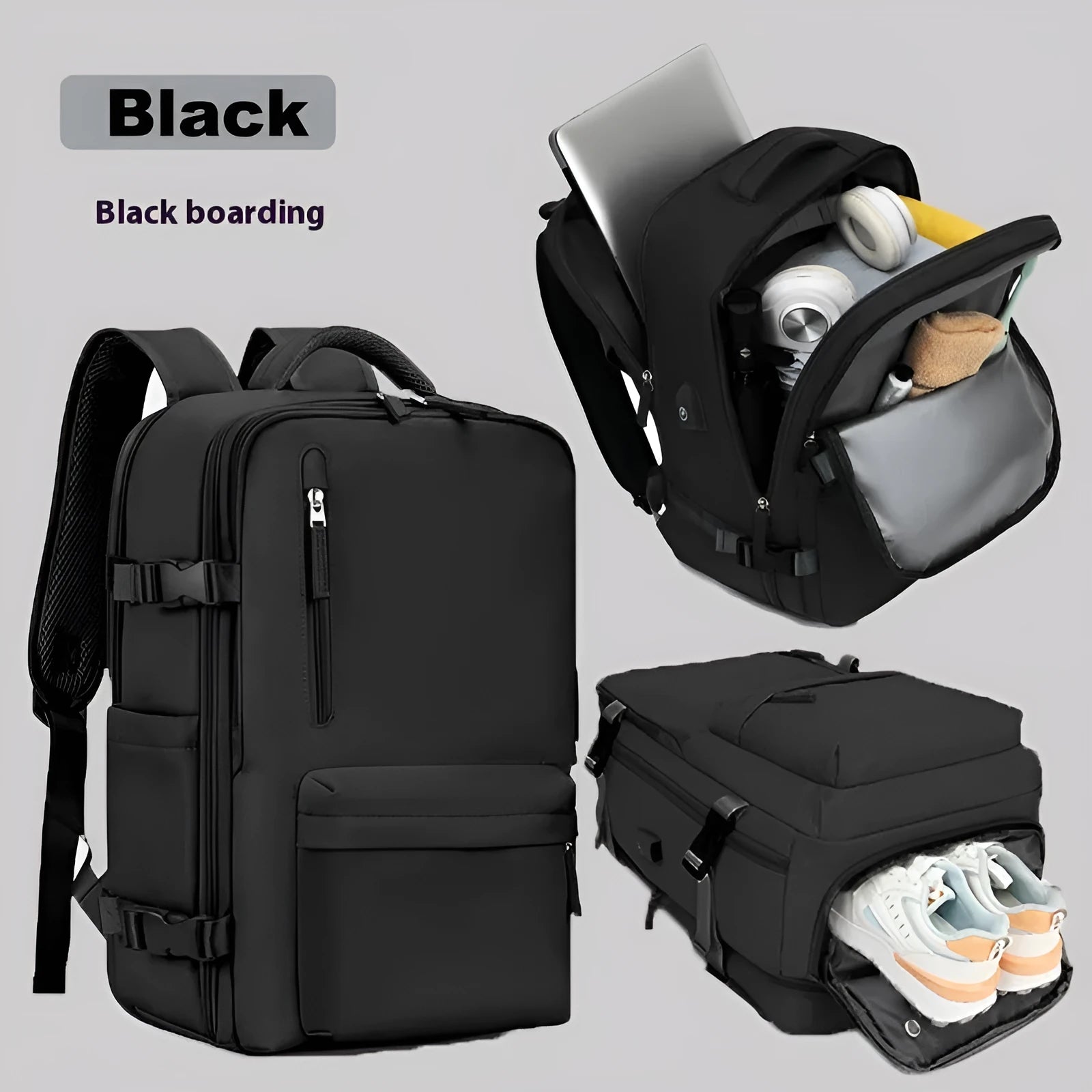 Large grey lightweight Oxford cloth travel backpack with curved shoulder straps shown from the side.