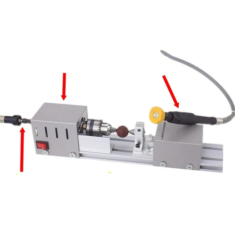 Mini metal silver woodworking lathe with carving knives and accessories for small craft projects