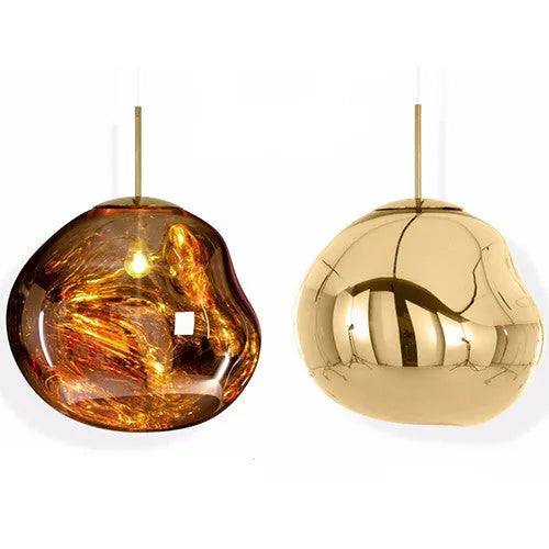 Nordic style irregular glass lava lamp chandelier in gold, silver, or red copper, available in three different sizes.