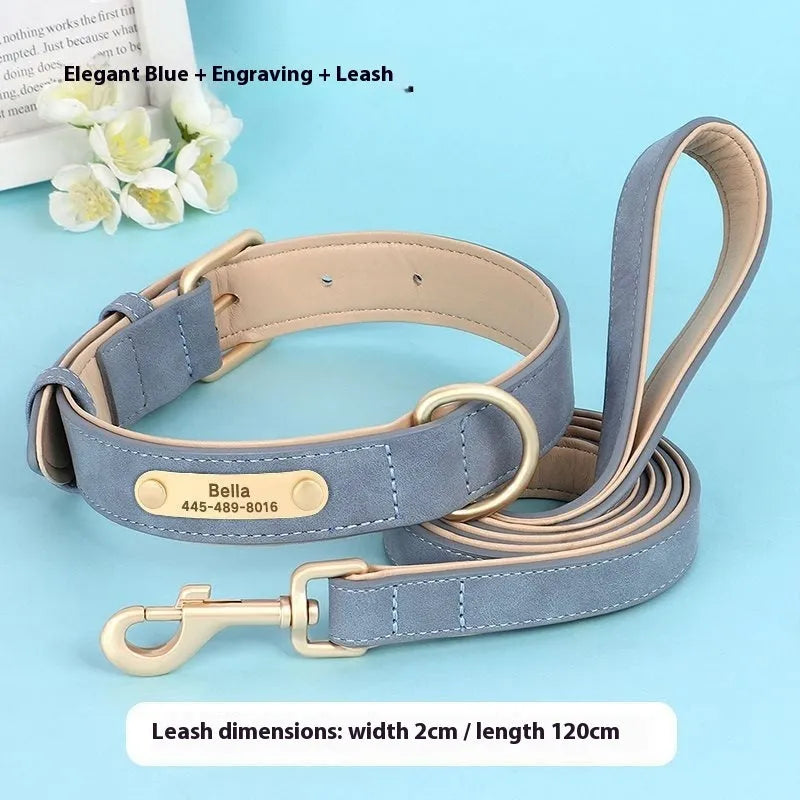 Double-layer leather dog collar and lead set in rose red, brown, or blue colours