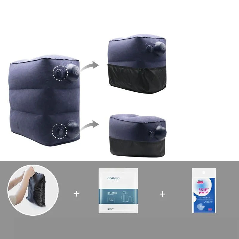 Gray inflatable foot pad with push-on button and adjustable storage bag containing travel accessories