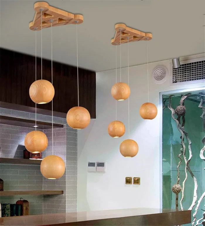 Nordic wood ball chandelier pendant light with adjustable height and solid wood construction