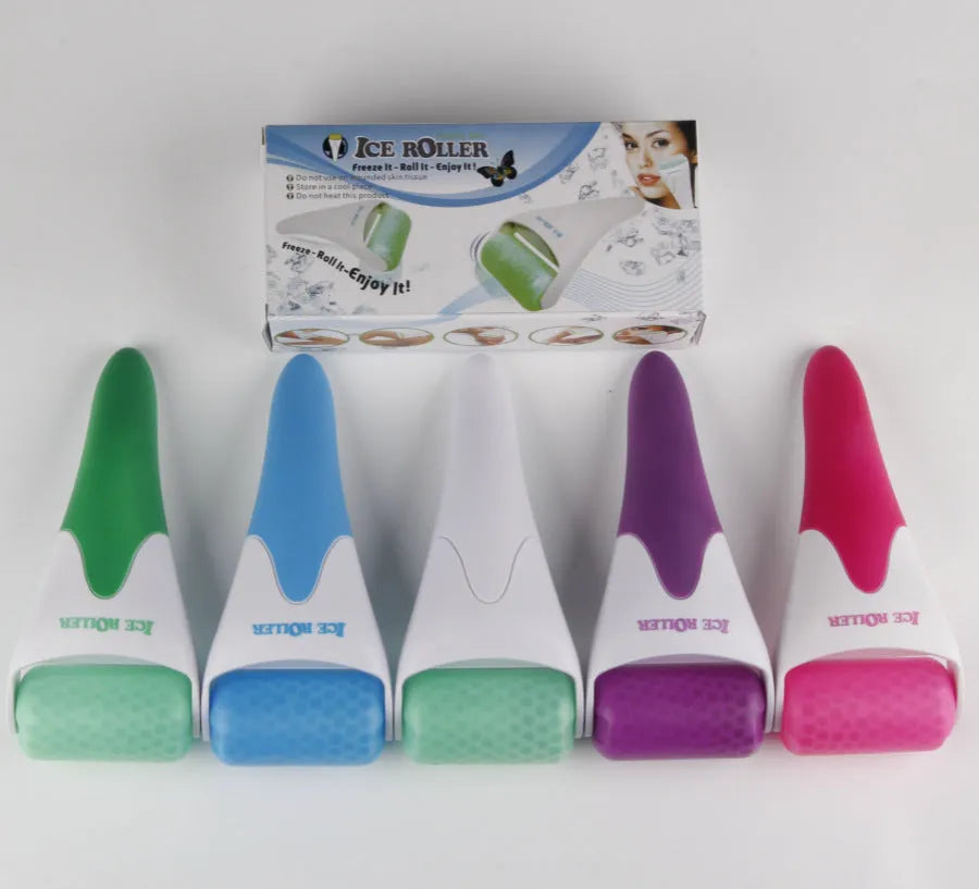 Plastic ice roller face roller in blue with removable head on white background