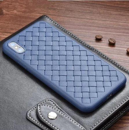Luxury grid weave pattern TPU phone case for iPhone models in various colours showing raised edges and precise cutouts.