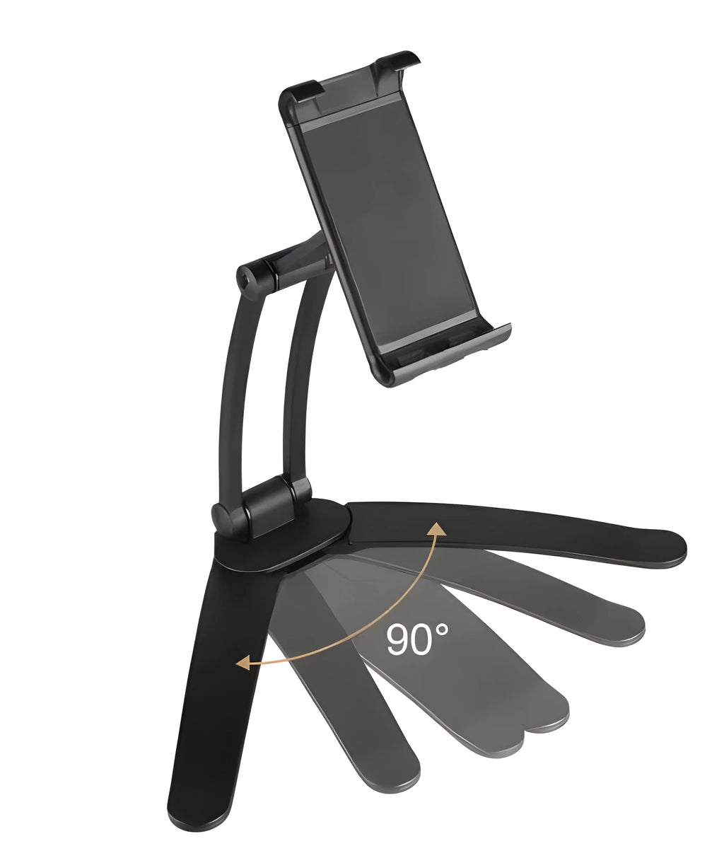 Silver aluminium alloy tablet stand with white mount and adjustable clip on a desktop