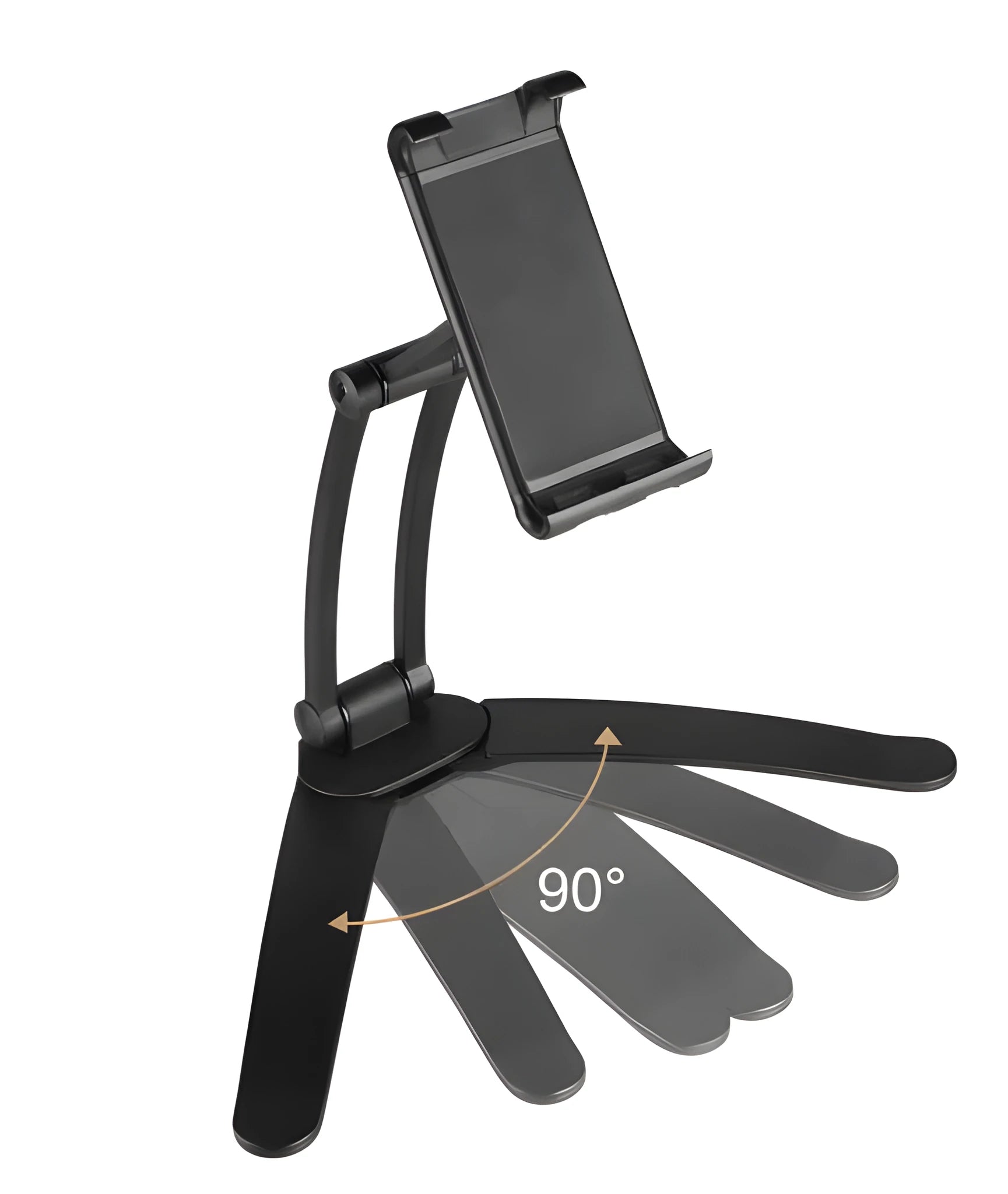 Silver aluminium alloy tablet stand with white mount and adjustable clip on a desktop