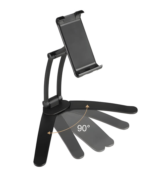 Silver aluminium alloy tablet stand with white mount and adjustable clip on a desktop