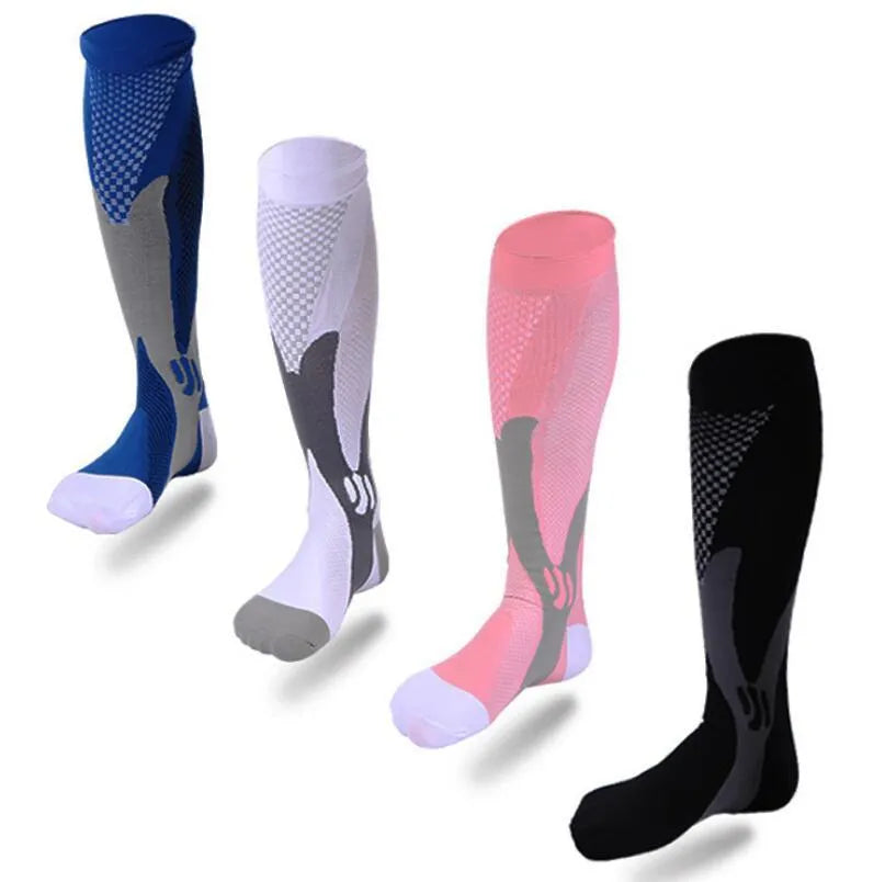 Black graduated compression socks with athletic fit for men and women, shown laid flat.